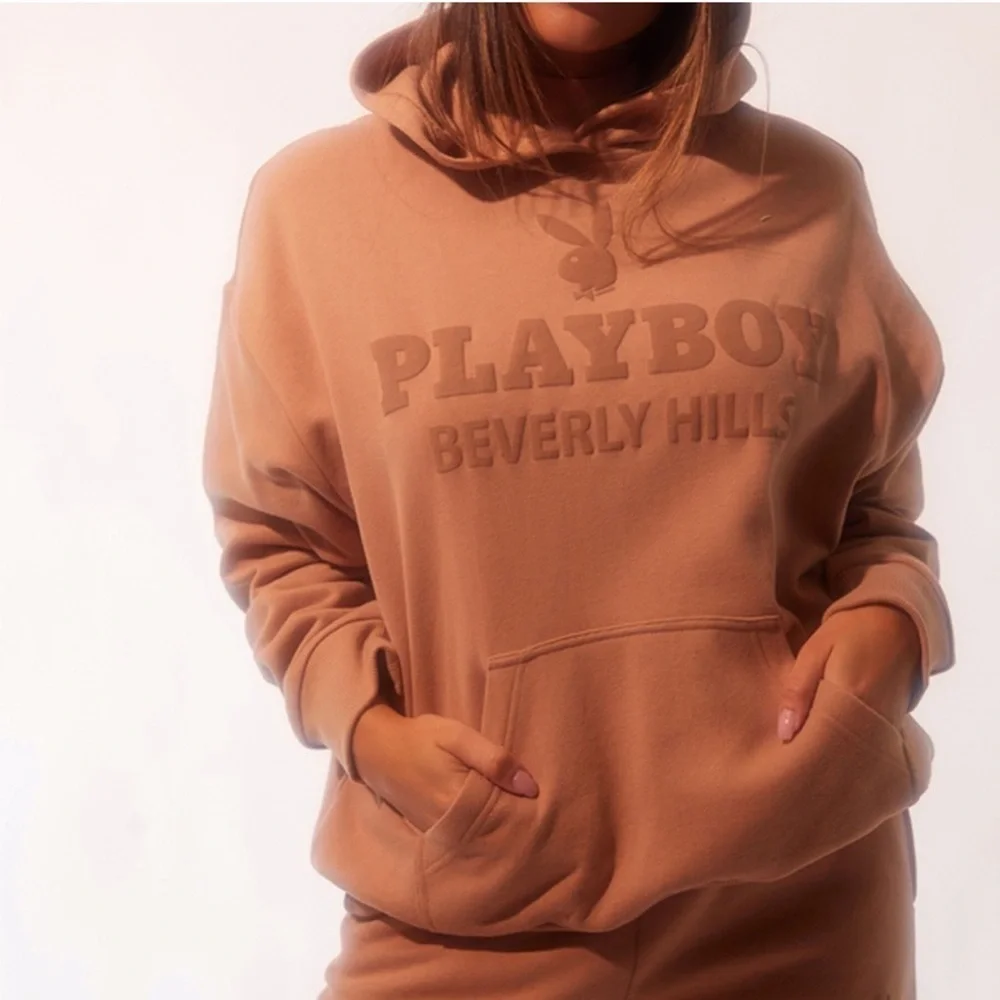 Playboy Beverly Hills tan hooded women’s sweater size medium